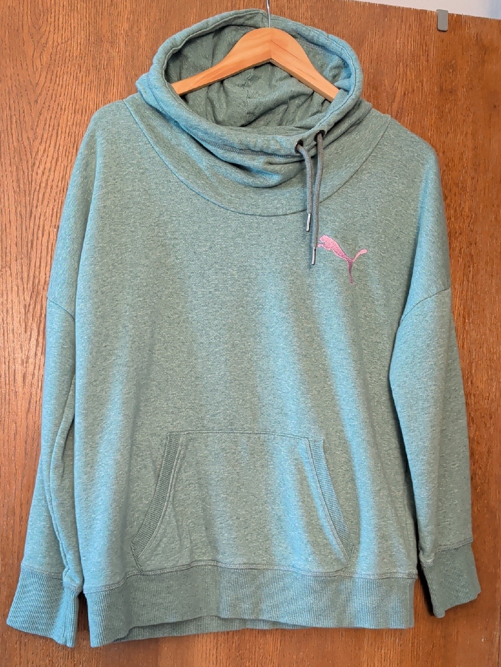 Puma Heather Teal Funnel-Neck Hoodie with Pink Cat Logo